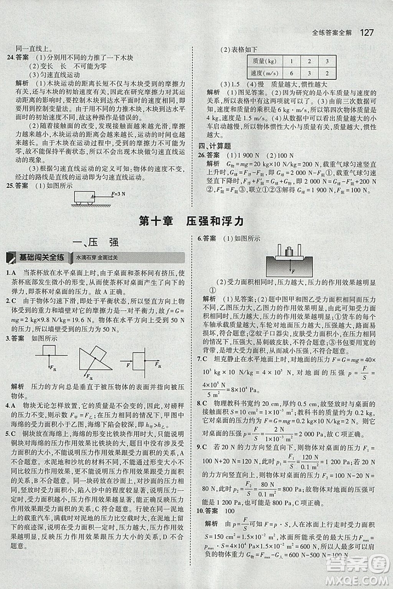 曲一線科學(xué)備考2019版5年中考3年模擬八年級(jí)下冊(cè)物理蘇科版參考答案