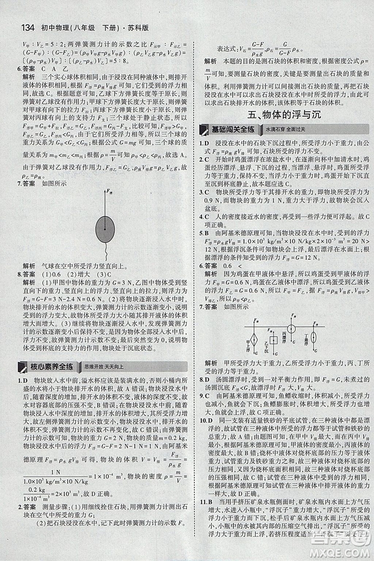 曲一線科學(xué)備考2019版5年中考3年模擬八年級(jí)下冊(cè)物理蘇科版參考答案