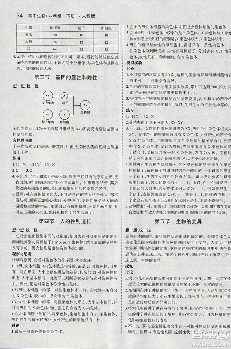 2019人教版初中生物學(xué)八年級下冊課本教材教科書參考答案