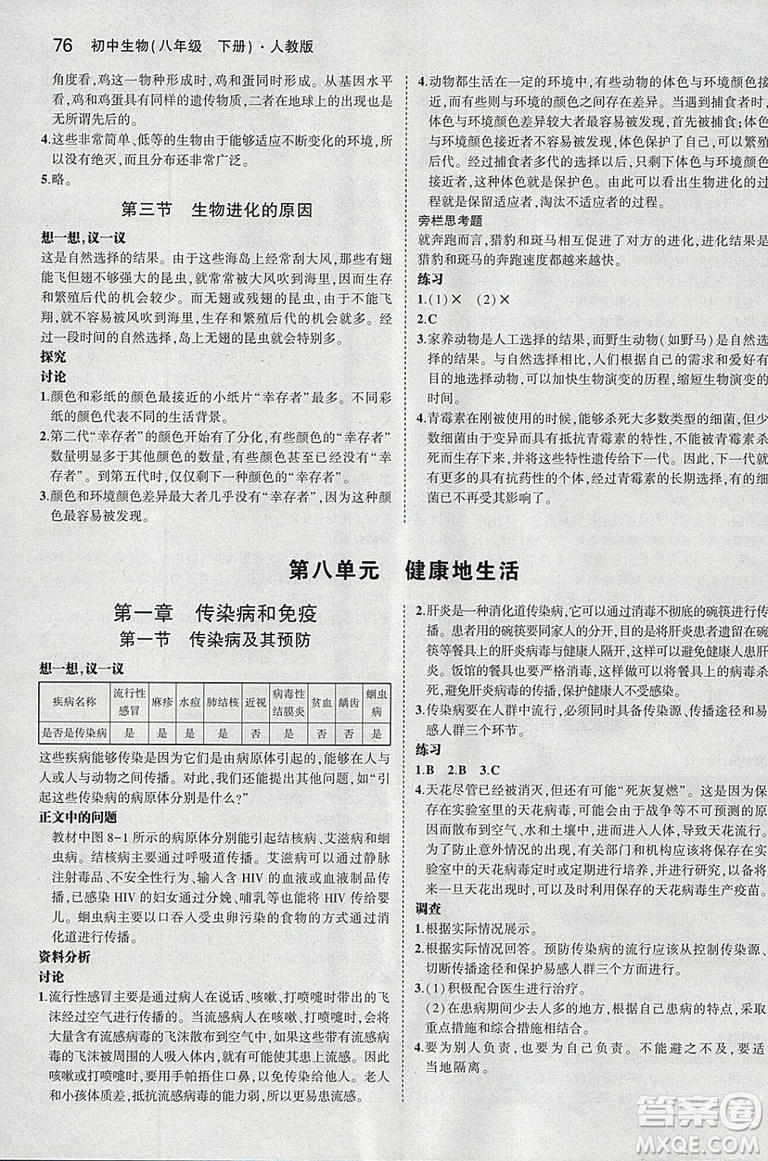 2019人教版初中生物學(xué)八年級下冊課本教材教科書參考答案