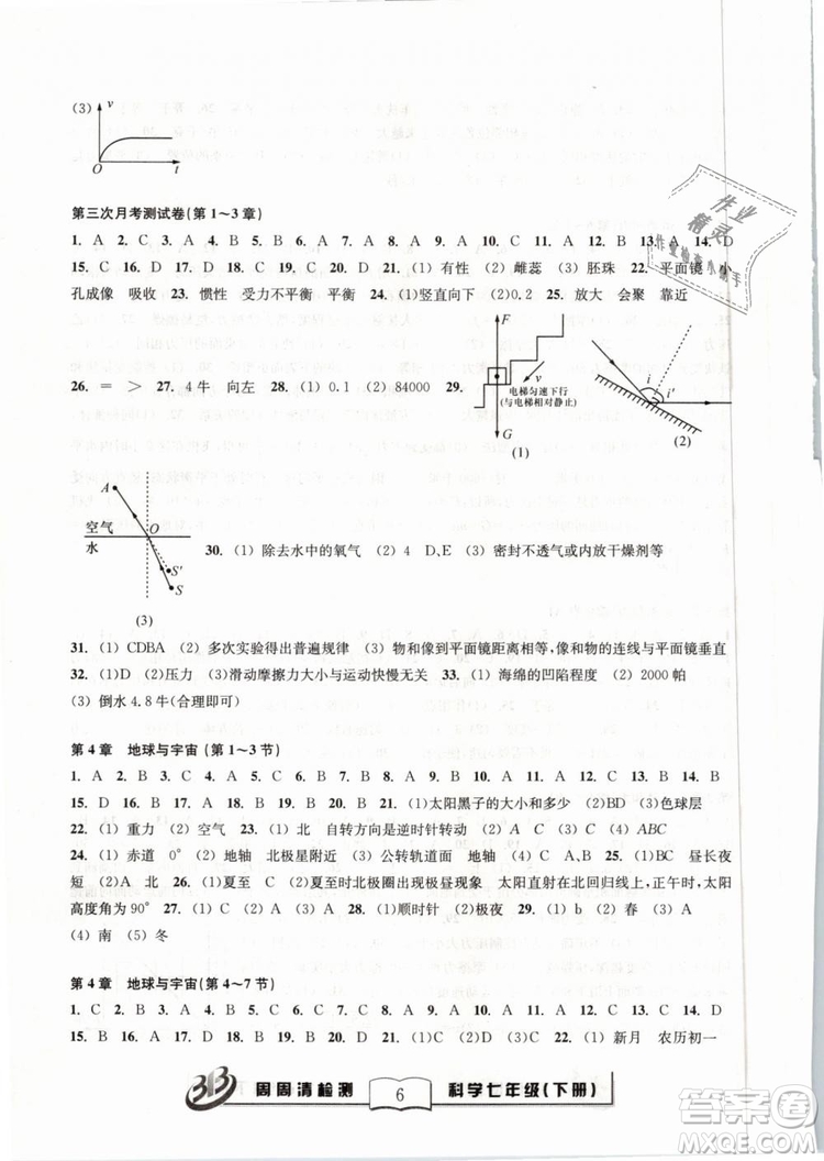 精英版2019BFB百分百系列周周清檢測卷七年級科學(xué)下冊浙教版ZJ參考答案