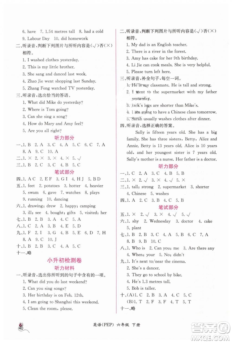 人教版同步導(dǎo)學(xué)案課時(shí)練2019六年級(jí)英語下冊參考答案