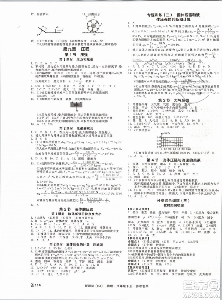 新課標(biāo)2019全品作業(yè)本八年級物理下冊RJ人教版參考答案