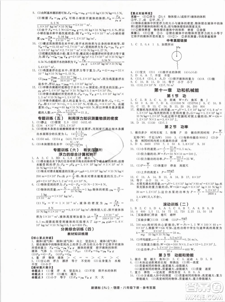 新課標(biāo)2019全品作業(yè)本八年級物理下冊RJ人教版參考答案