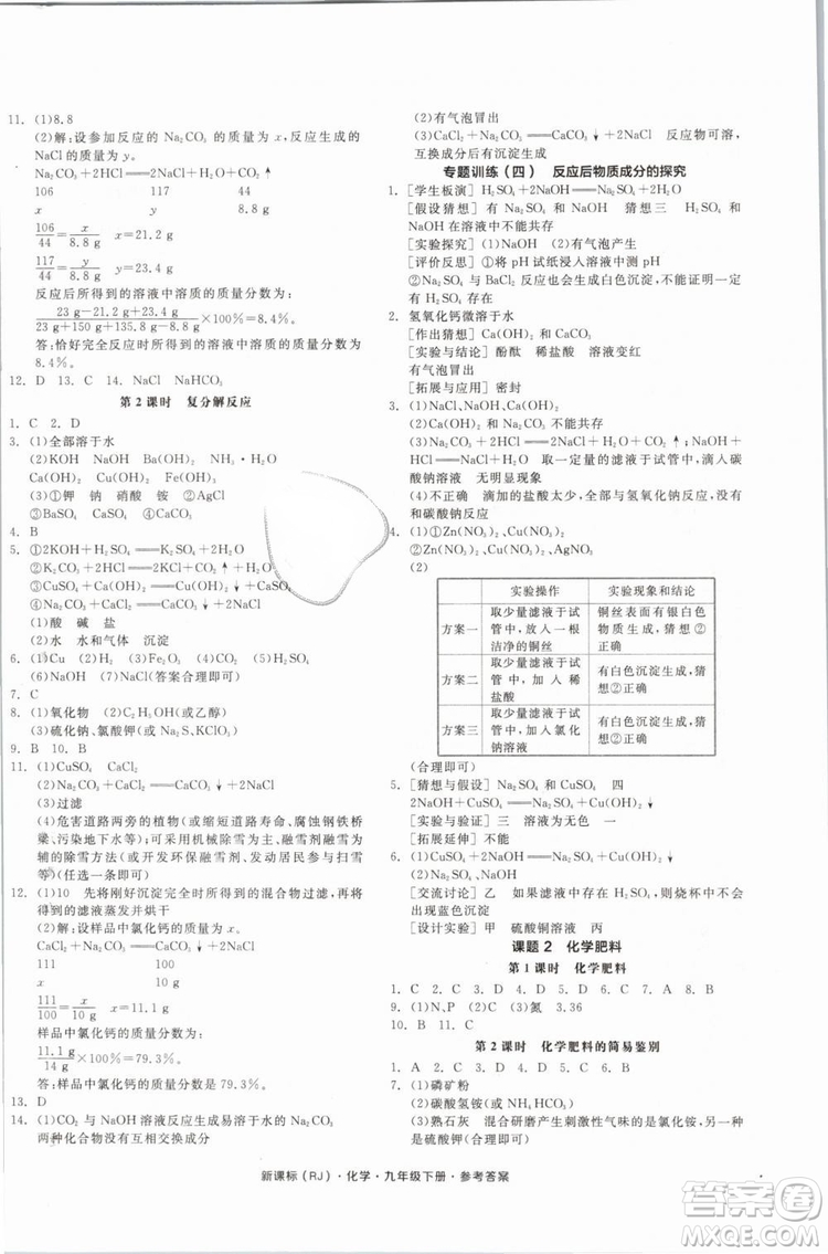 2019人教版全品作業(yè)本九年級(jí)化學(xué)下冊新課標(biāo)RJ陽光出版社參考答案