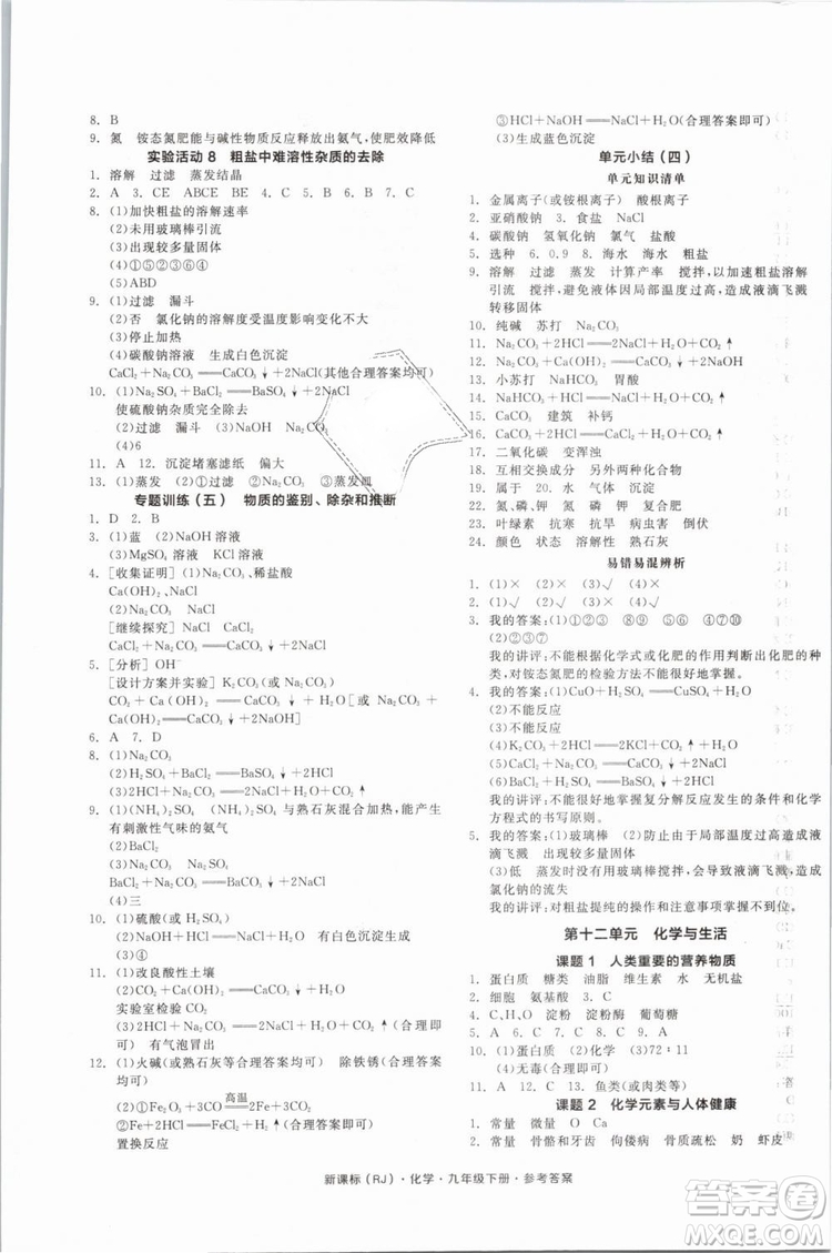 2019人教版全品作業(yè)本九年級(jí)化學(xué)下冊新課標(biāo)RJ陽光出版社參考答案