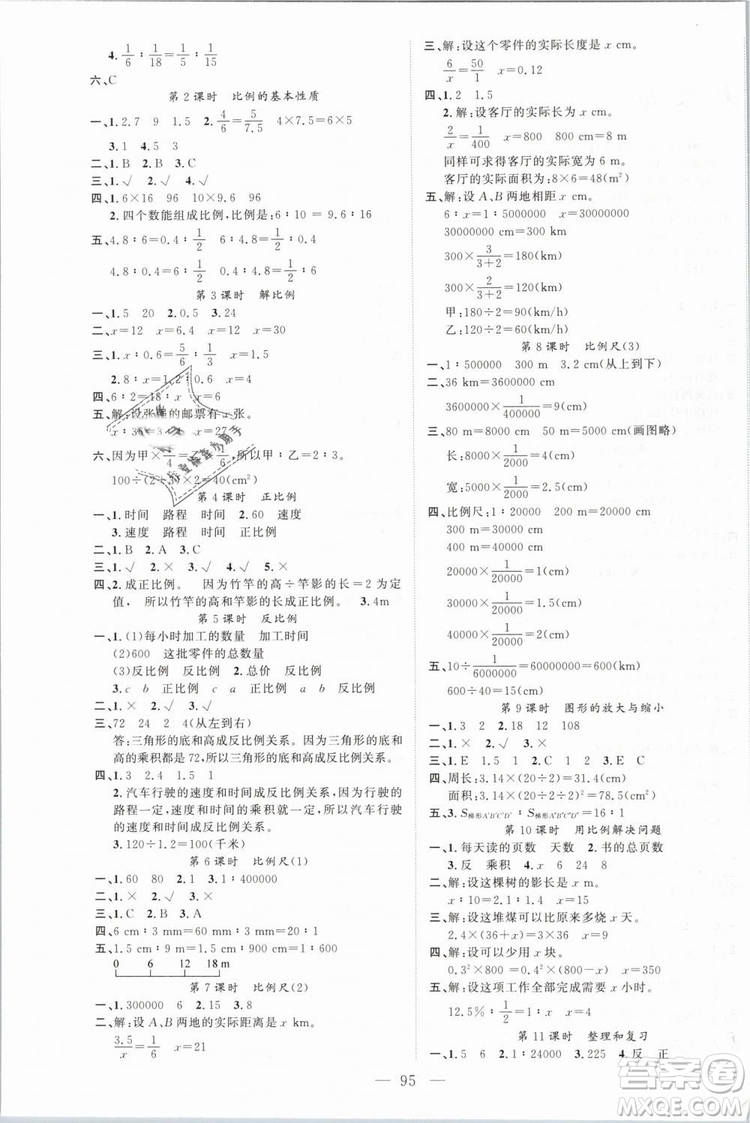 人教地區(qū)使用2019年原創(chuàng)新課堂數(shù)學(xué)下冊(cè)六年級(jí)RJ年級(jí)參考答案