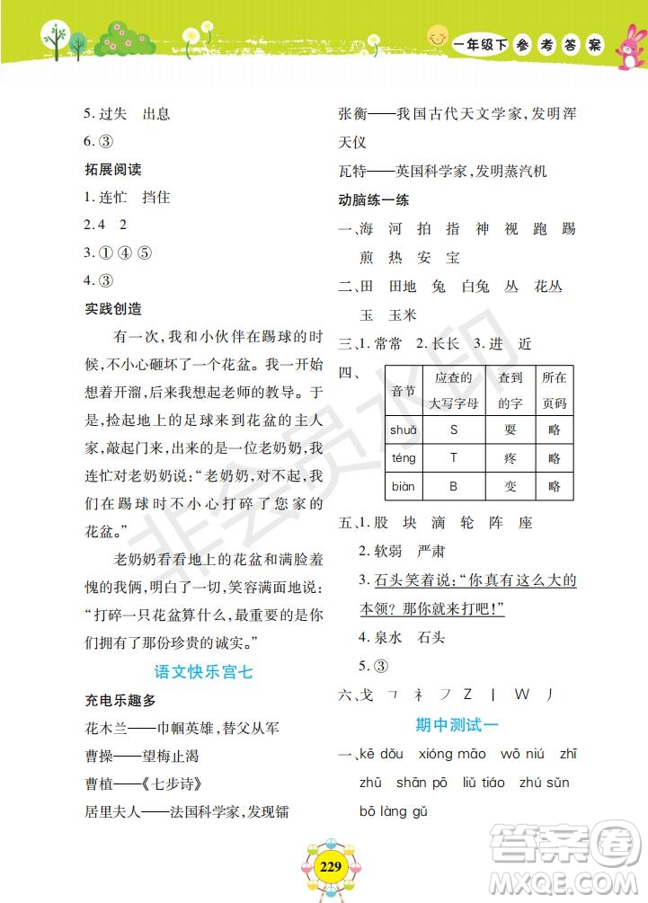 2019年新編同步學(xué)一年級(jí)下冊(cè)語文人教部編版參考答案