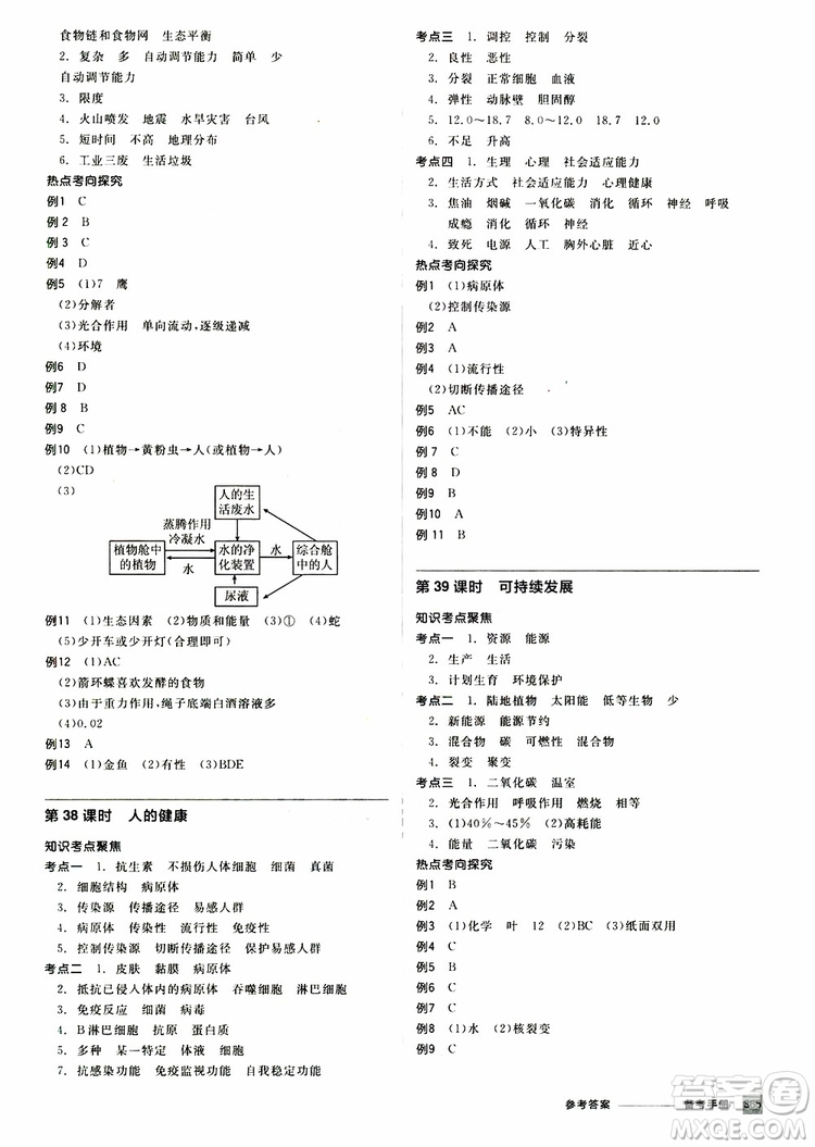 2019版全品中考復(fù)習(xí)方案備考手冊九年級初三科學(xué)ZJ浙江專版參考答案