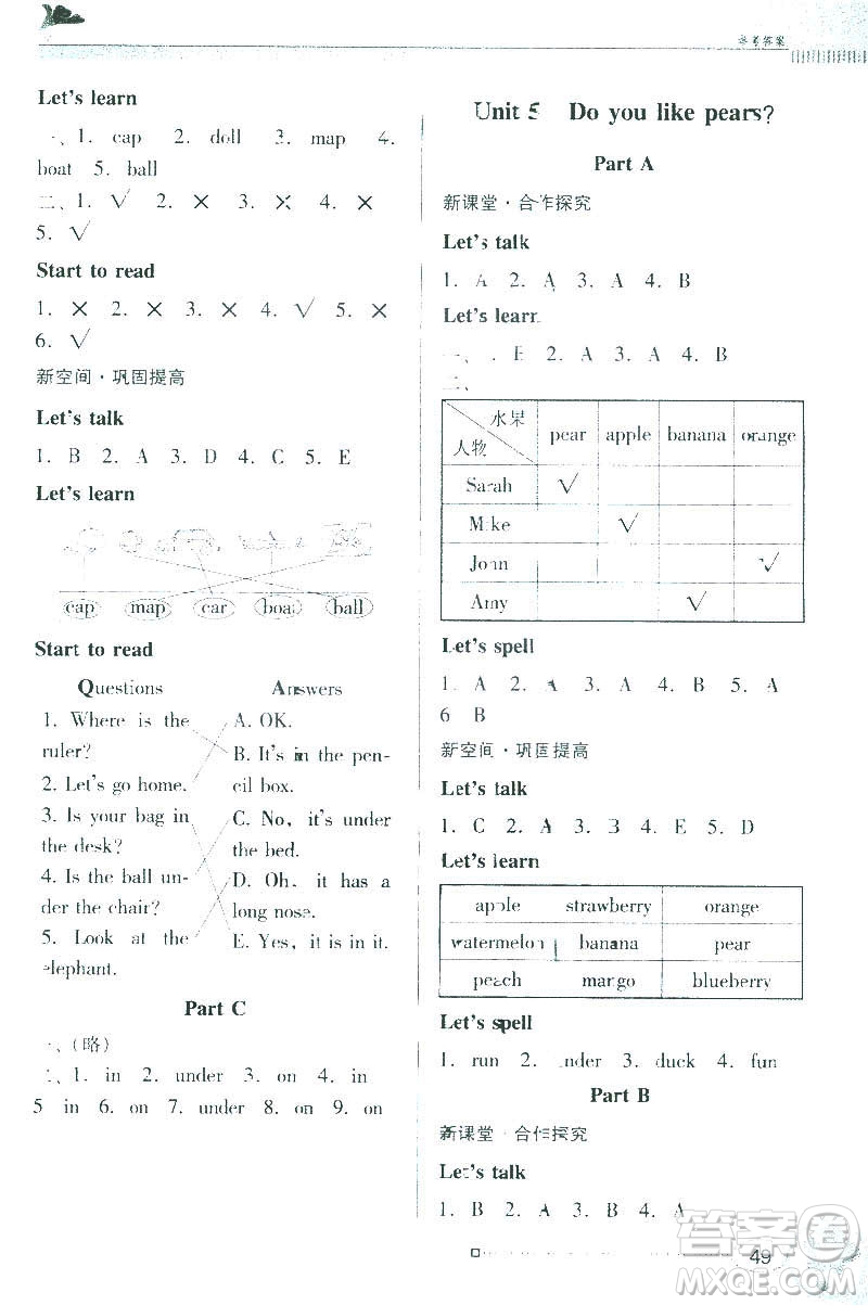 人教版PEP南方新課堂2019年金牌學(xué)案英語三年級下冊參考答案