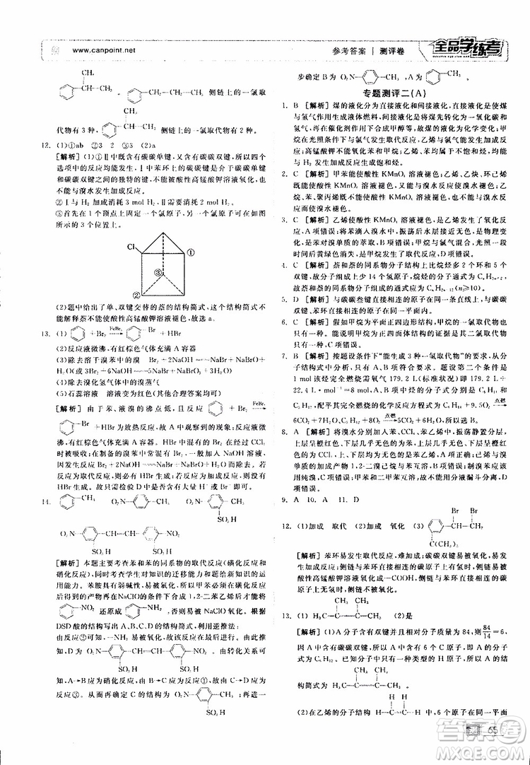 2019年全品學(xué)練考測(cè)評(píng)卷高中化學(xué)選修5有機(jī)化學(xué)基礎(chǔ)蘇教版SJ參考答案