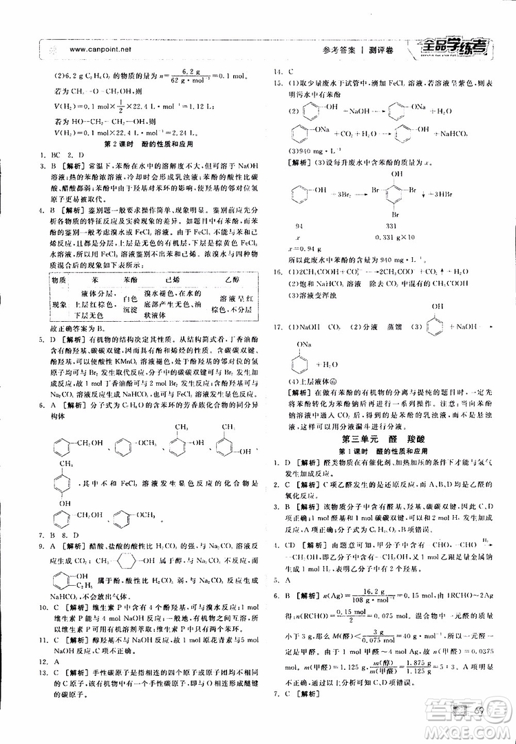 2019年全品學(xué)練考測(cè)評(píng)卷高中化學(xué)選修5有機(jī)化學(xué)基礎(chǔ)蘇教版SJ參考答案