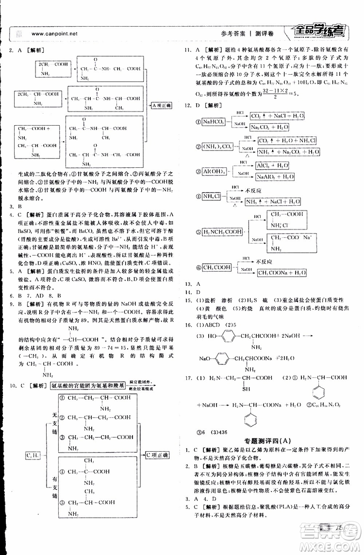 2019年全品學(xué)練考測(cè)評(píng)卷高中化學(xué)選修5有機(jī)化學(xué)基礎(chǔ)蘇教版SJ參考答案