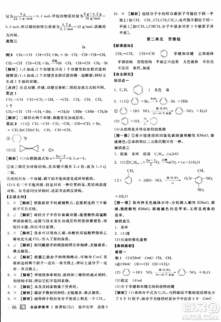 2019年全品學(xué)練考測(cè)評(píng)卷高中化學(xué)選修5有機(jī)化學(xué)基礎(chǔ)蘇教版SJ參考答案