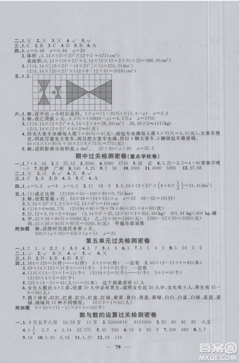 2019年陽光同學一線名師全優(yōu)好卷六年級下冊數學RJ人教版參考答案