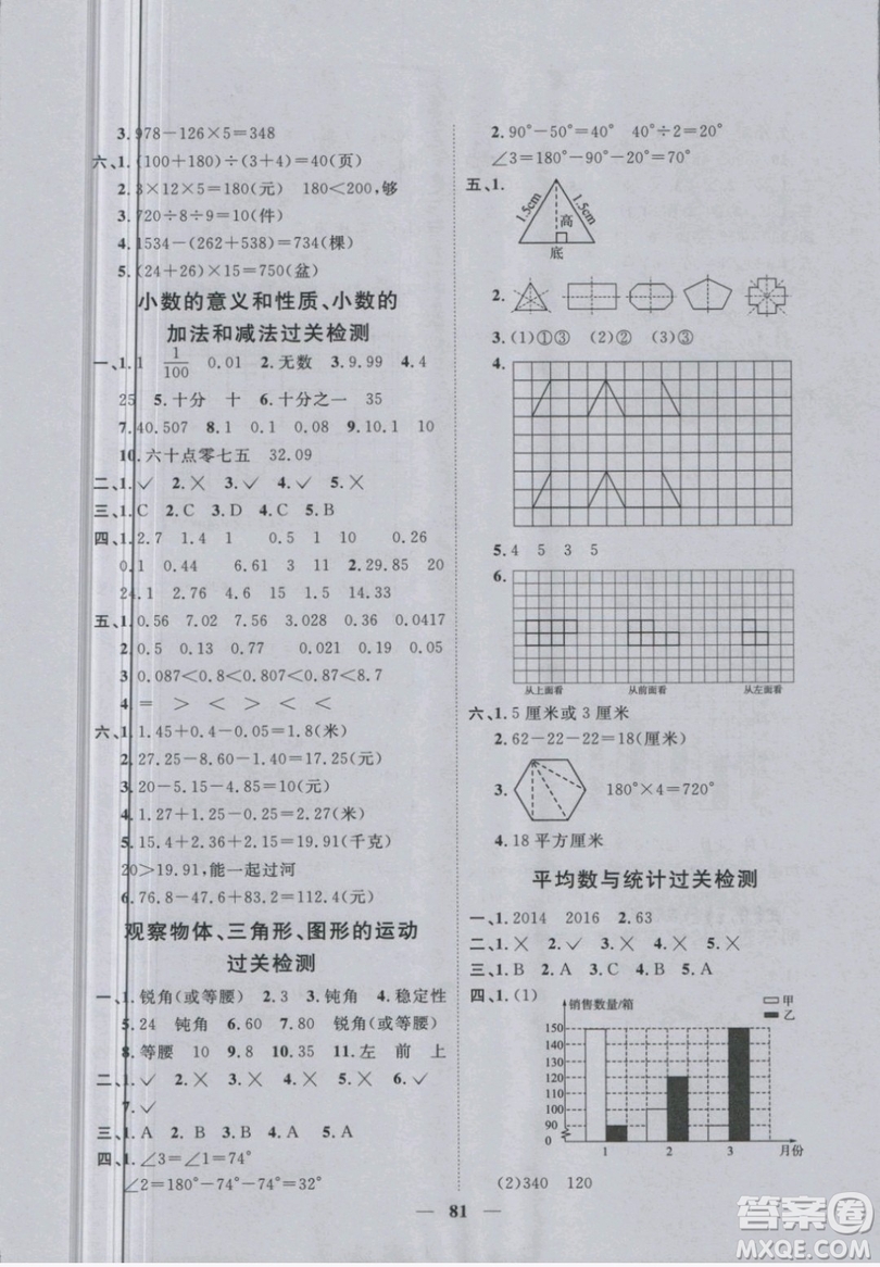 2019新版陽光同學(xué)四年級(jí)下冊(cè)試卷數(shù)學(xué)一線名師全優(yōu)好卷RJ人教版參考答案