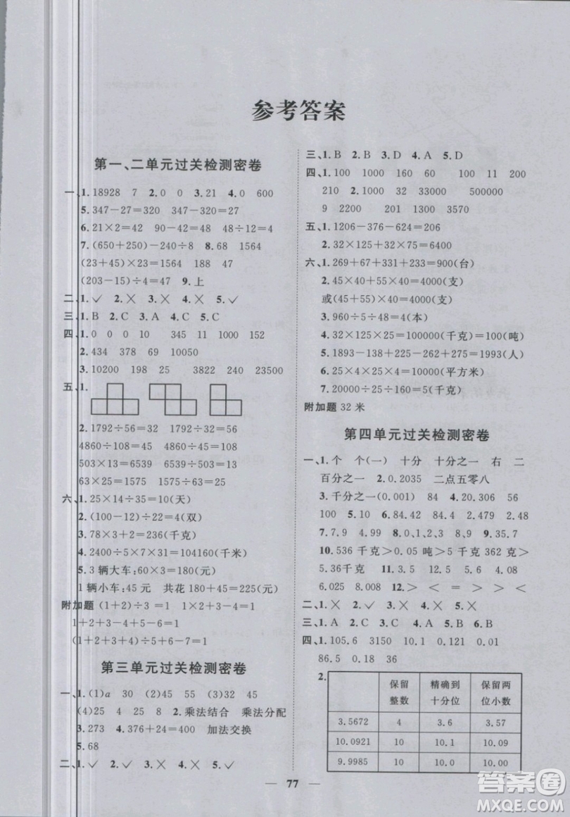 2019新版陽光同學(xué)四年級(jí)下冊(cè)試卷數(shù)學(xué)一線名師全優(yōu)好卷RJ人教版參考答案