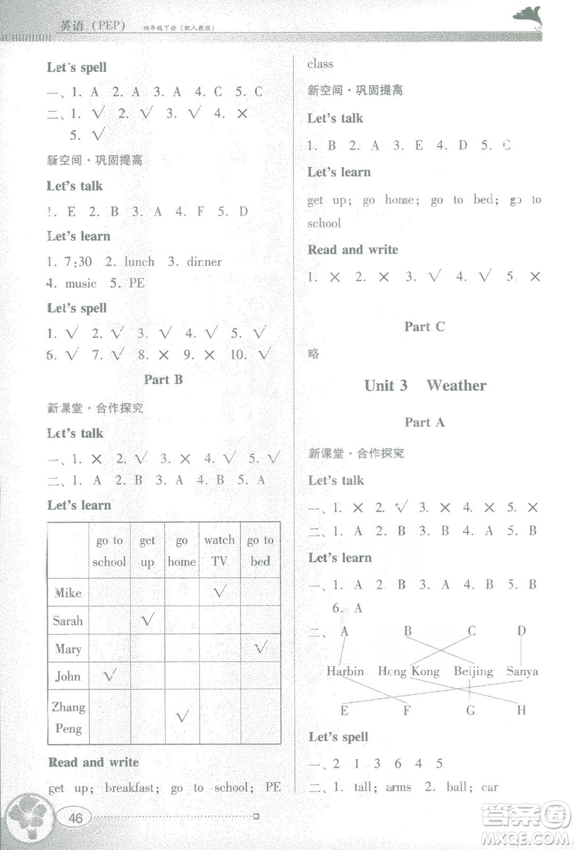 金牌學(xué)案英語(yǔ)四年級(jí)下冊(cè)2019年人教版PEP南方新課堂參考答案