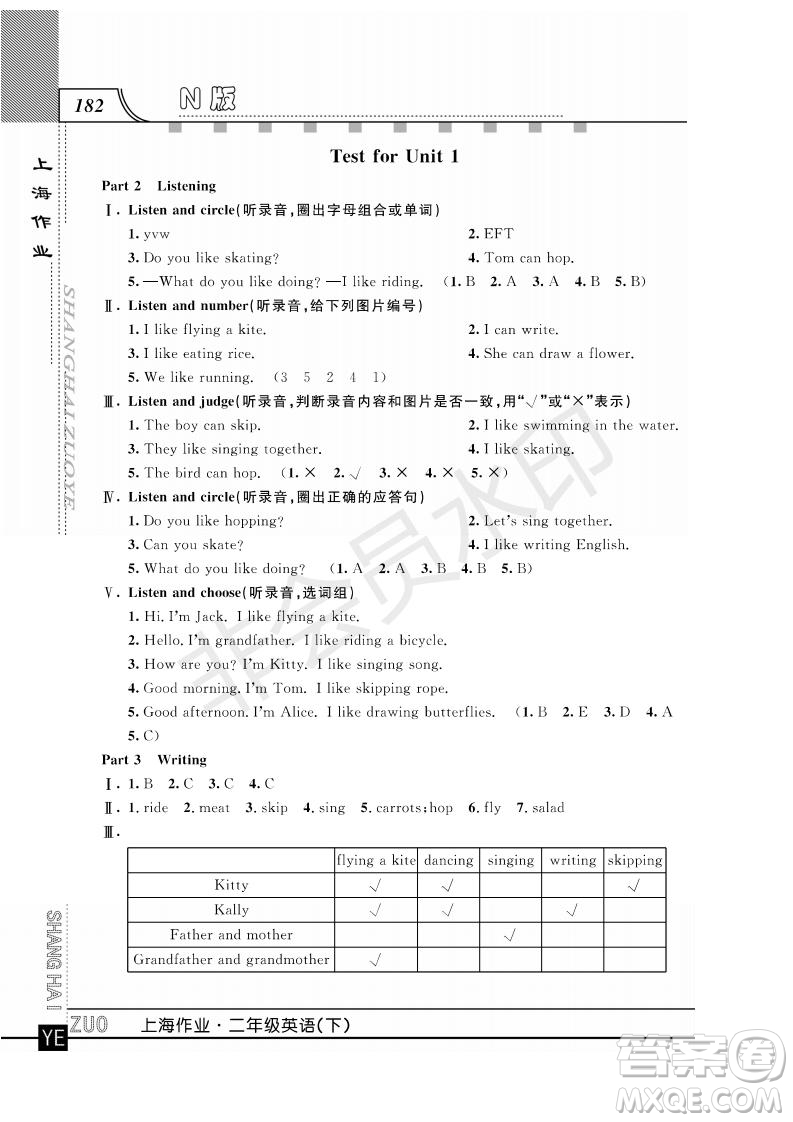 2019年鐘書金牌上海作業(yè)二年級(jí)下冊(cè)英語N版牛津版參考答案