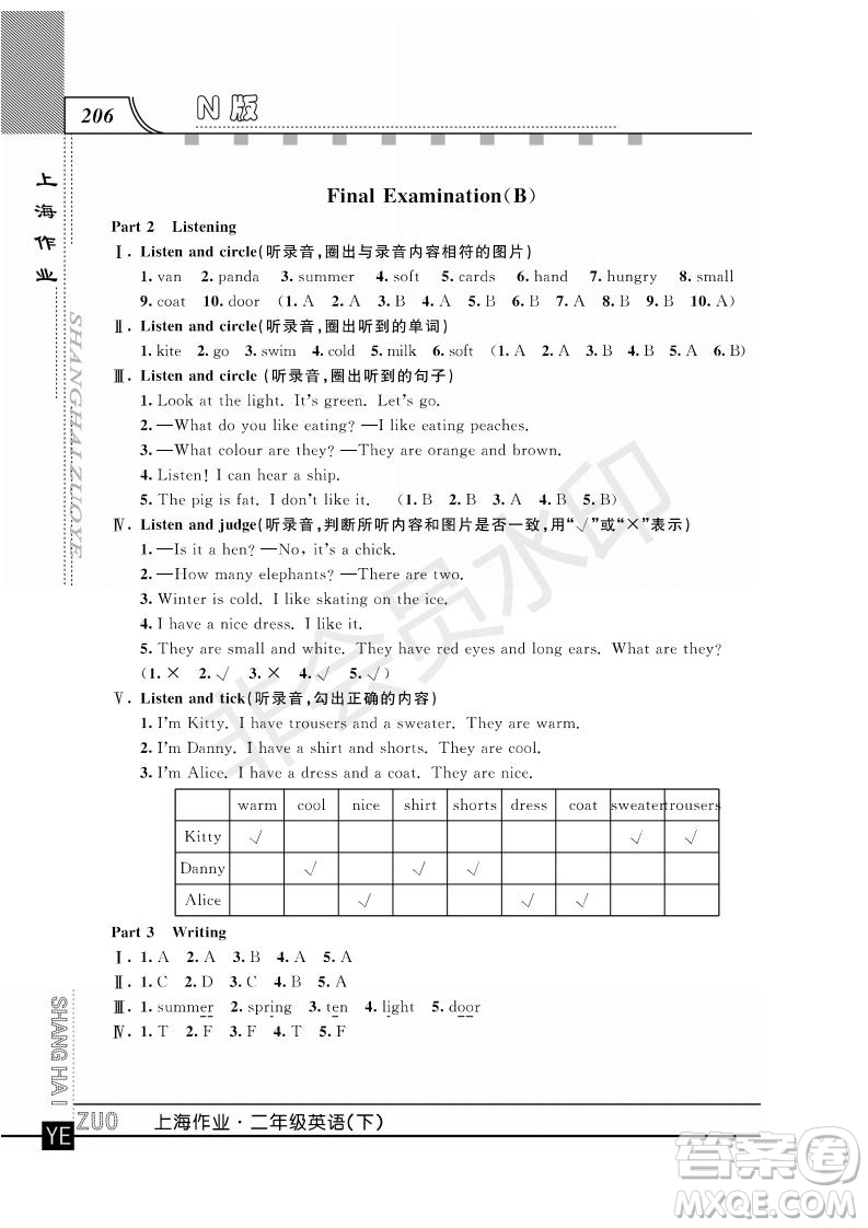 2019年鐘書金牌上海作業(yè)二年級(jí)下冊(cè)英語N版牛津版參考答案