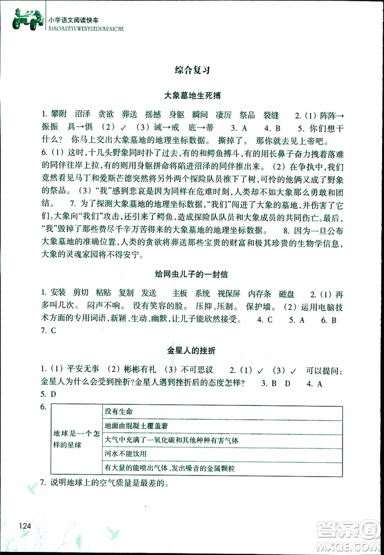 2019年新課標(biāo)小學(xué)語文閱讀快車六年級(jí)下冊(cè)升級(jí)版參考答案