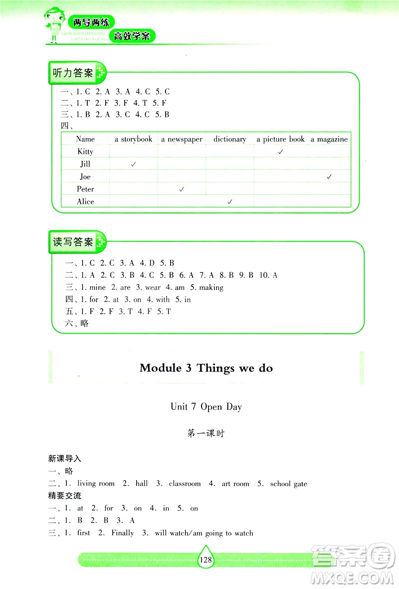 新課標(biāo)2019兩導(dǎo)兩練高效學(xué)案英語(yǔ)五年級(jí)下冊(cè)上教版答案