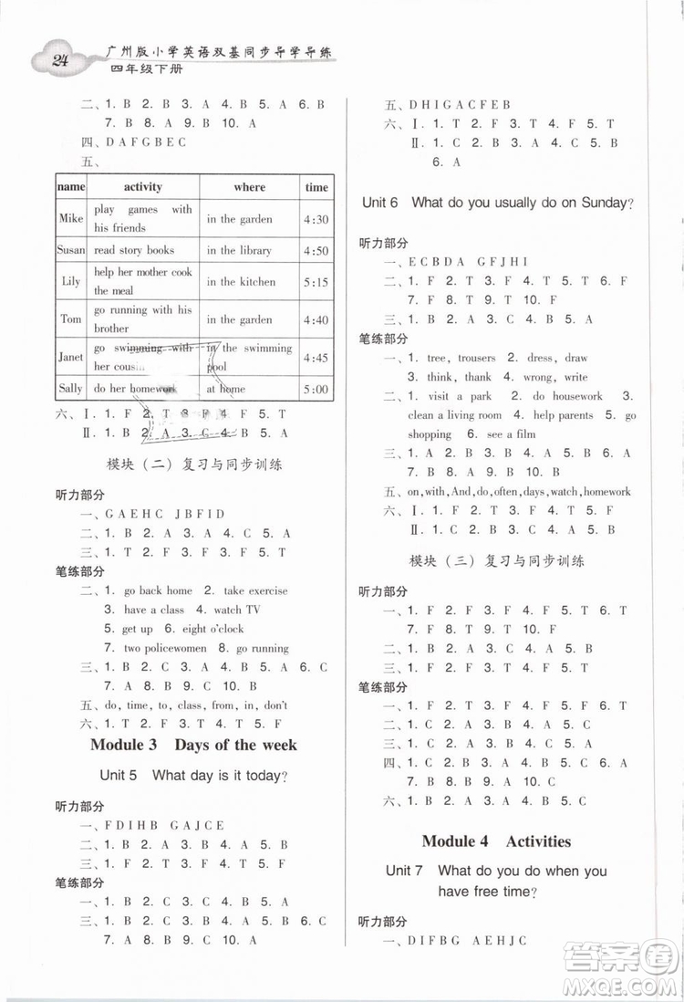 王牌英語top2019新版小學英語雙基同步導學導練四年級下冊廣州版答案