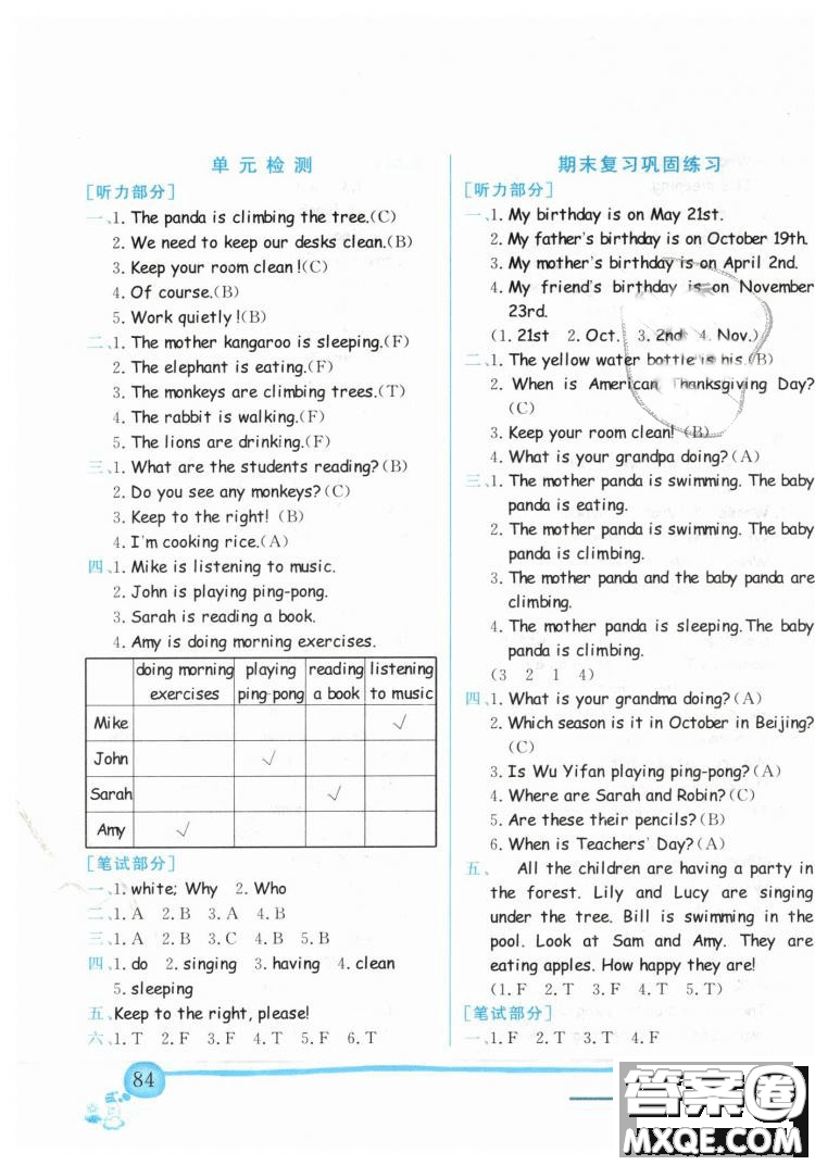 2019春黃岡小狀元作業(yè)本五年級下冊英語人教版PEP參考答案