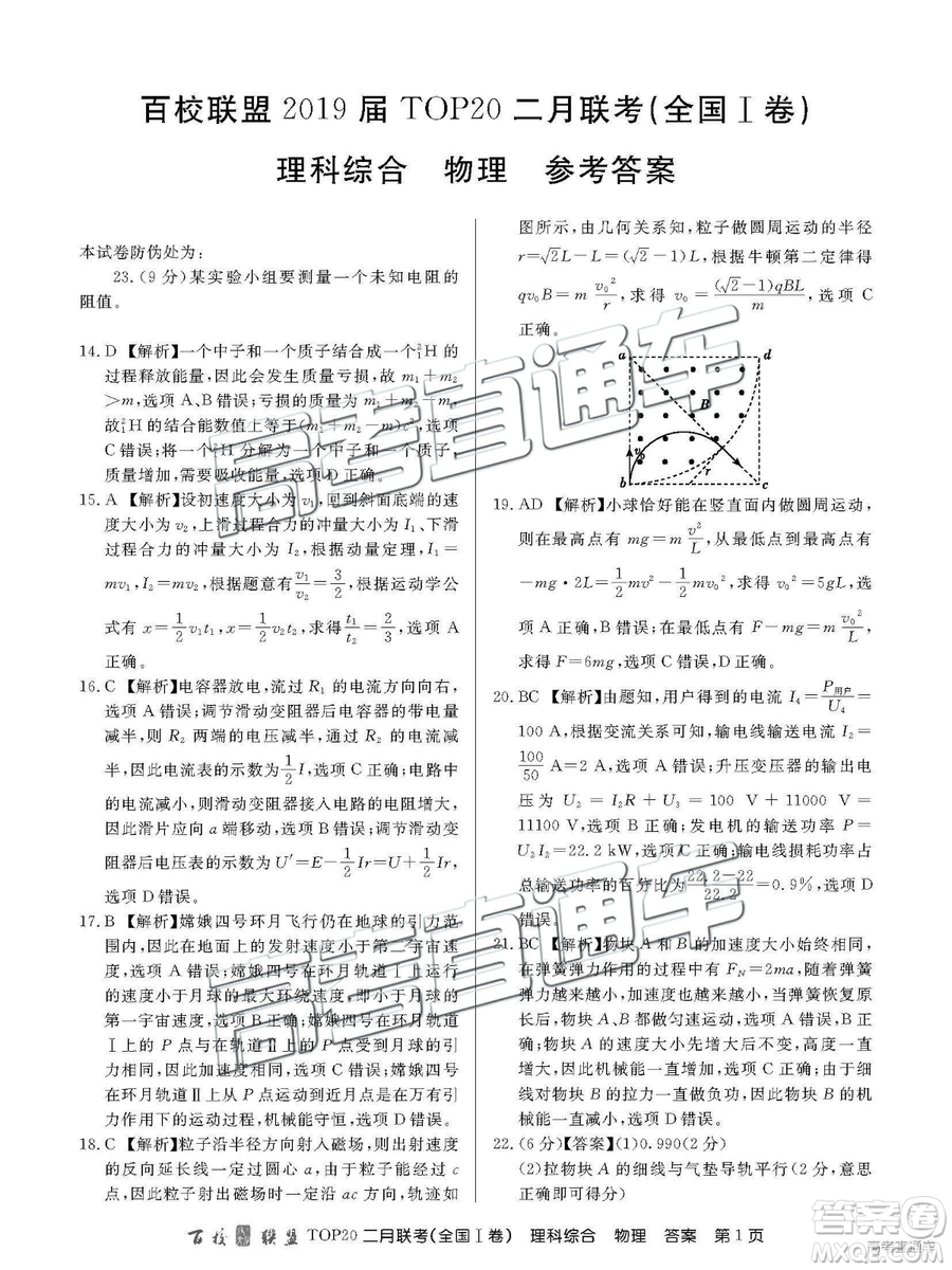 2019年百校聯(lián)盟TOP20二月聯(lián)考全國Ⅰ卷理綜參考答案