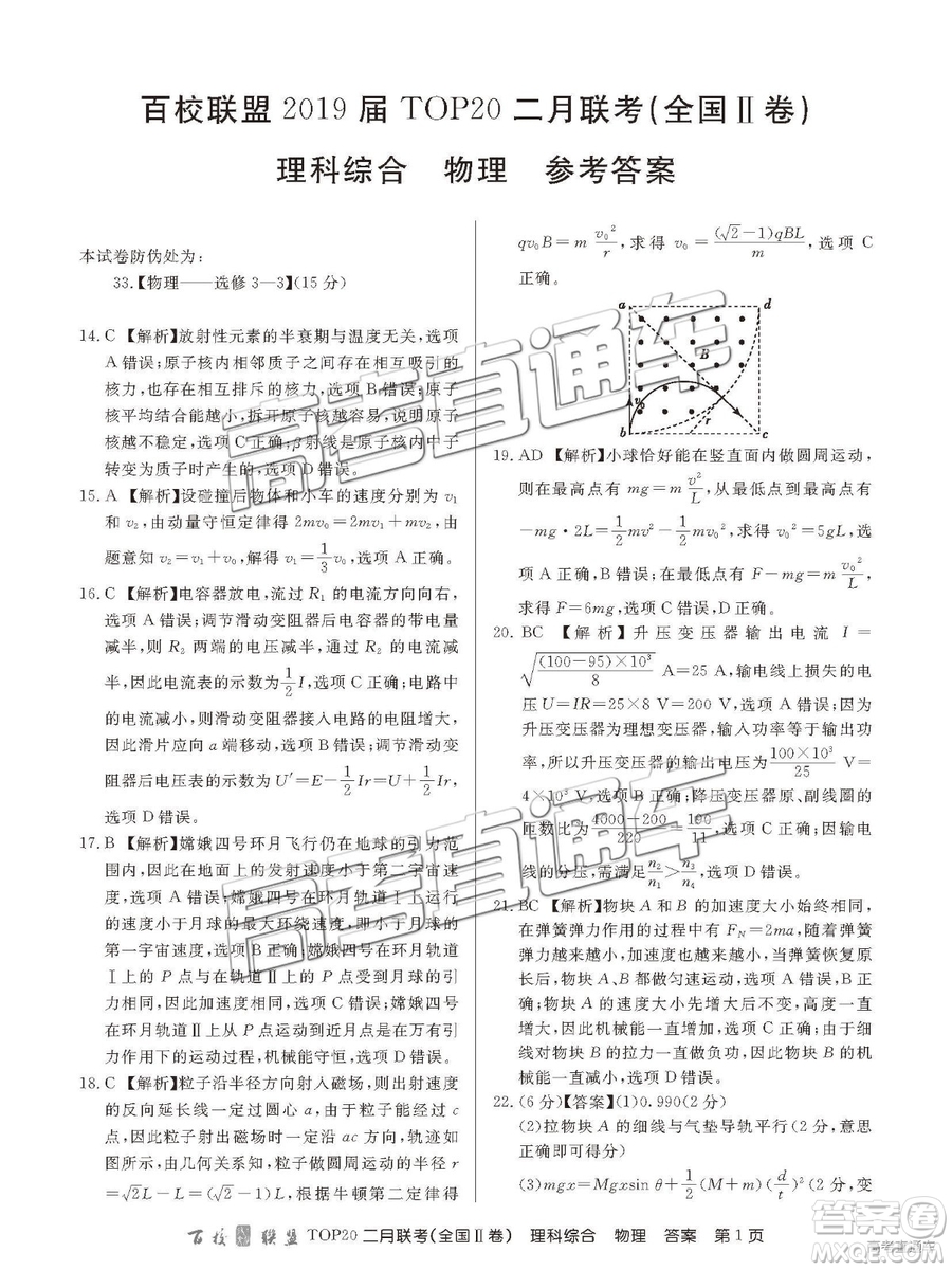 2019年百校聯(lián)盟TOP20二月聯(lián)考全國(guó)Ⅱ卷理綜參考答案