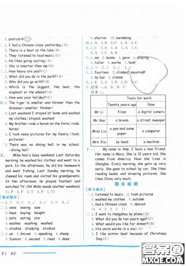 2019春黃岡小狀元作業(yè)本人教版PEP六年級下冊英語答案 