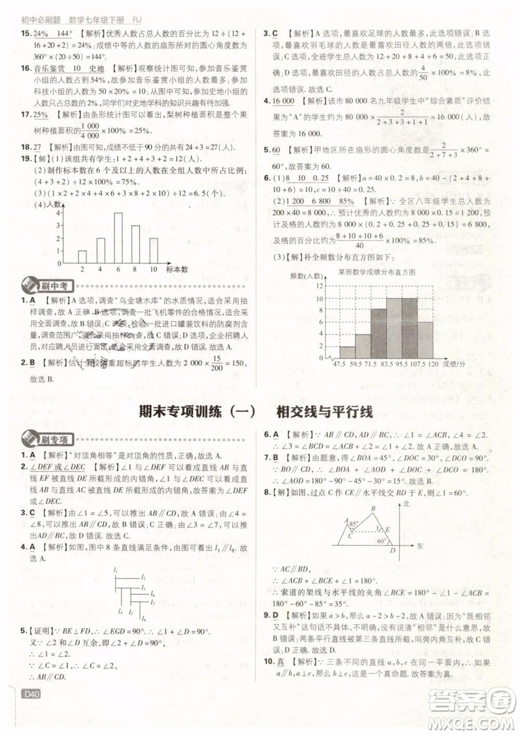 2019版初中必刷題七年級下冊數(shù)學RJ人教版參考答案