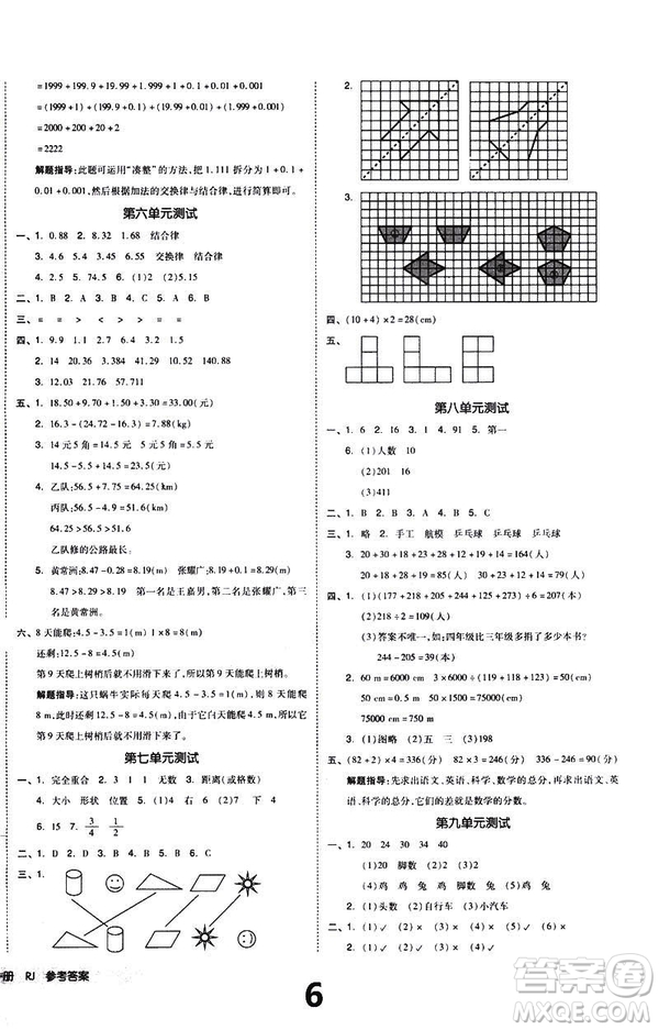 2019春全品小復(fù)習(xí)小學(xué)數(shù)學(xué)四年級下冊人教版RJ參考答案