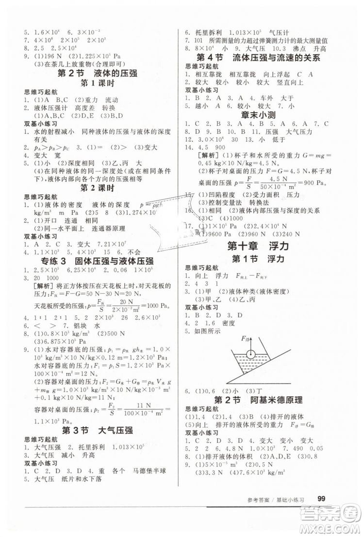 全品基礎(chǔ)小練習(xí)2019春八年級下冊物理人教版RJ答案 