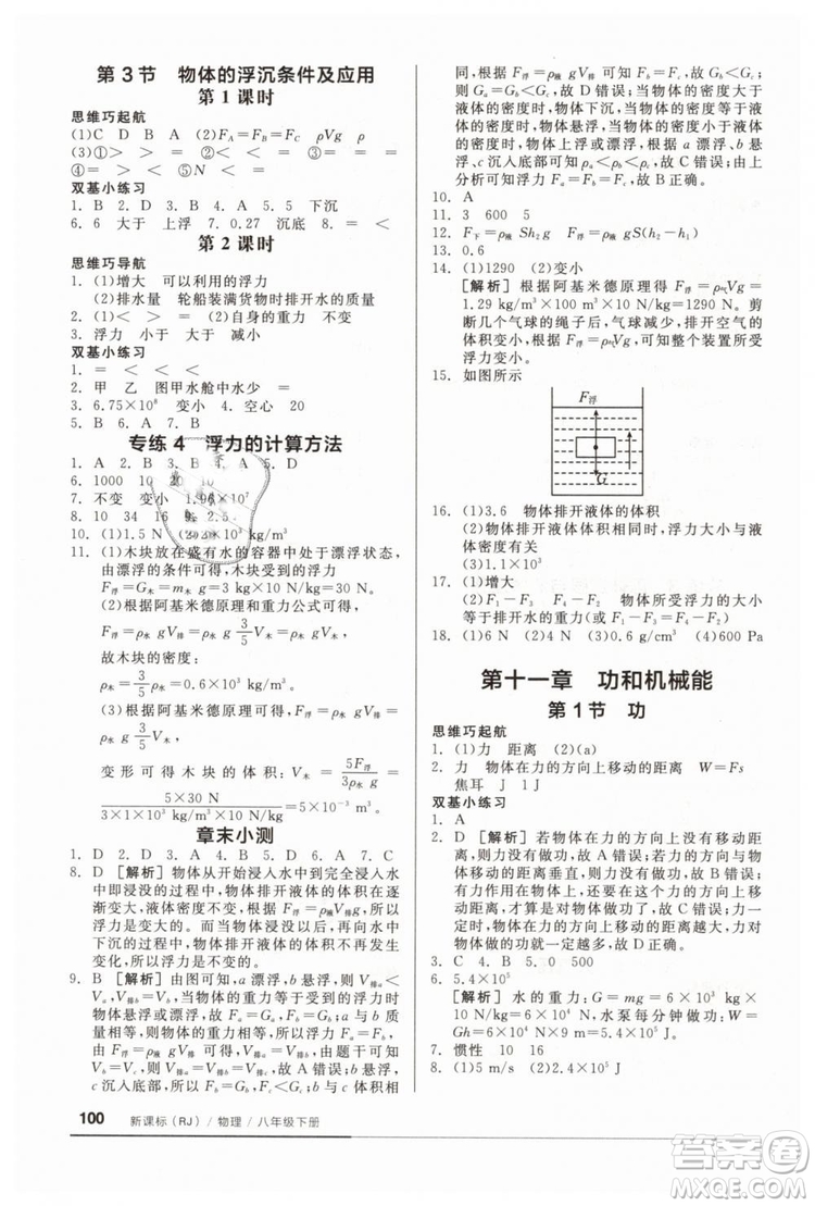 全品基礎(chǔ)小練習(xí)2019春八年級下冊物理人教版RJ答案 