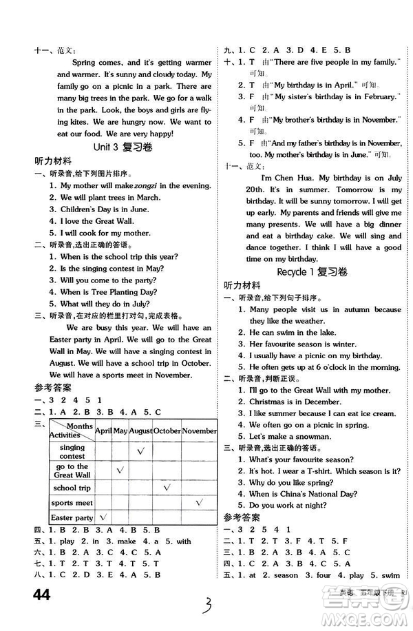 全品小復(fù)習(xí)2019春小學(xué)英語(yǔ)五年級(jí)下冊(cè)人教PEP版答案