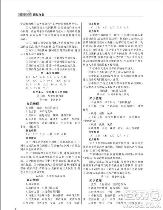 武漢出版社2019智慧學(xué)習(xí)課堂作業(yè)九年級下冊道德與法治人教版答案