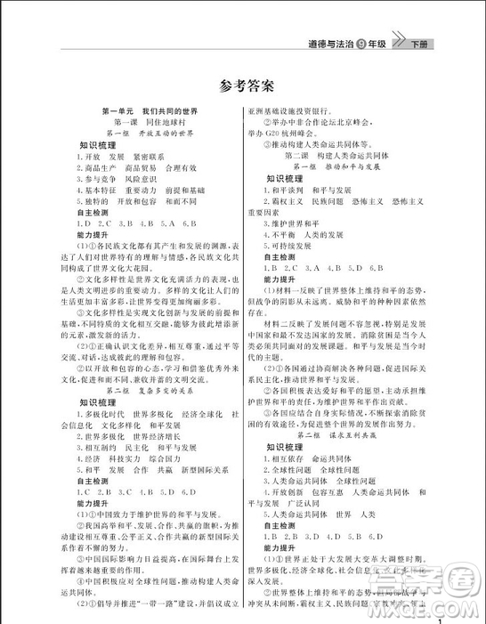 武漢出版社2019智慧學(xué)習(xí)課堂作業(yè)九年級下冊道德與法治人教版答案