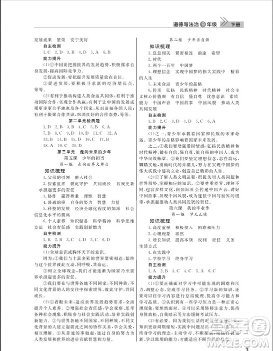 武漢出版社2019智慧學(xué)習(xí)課堂作業(yè)九年級下冊道德與法治人教版答案