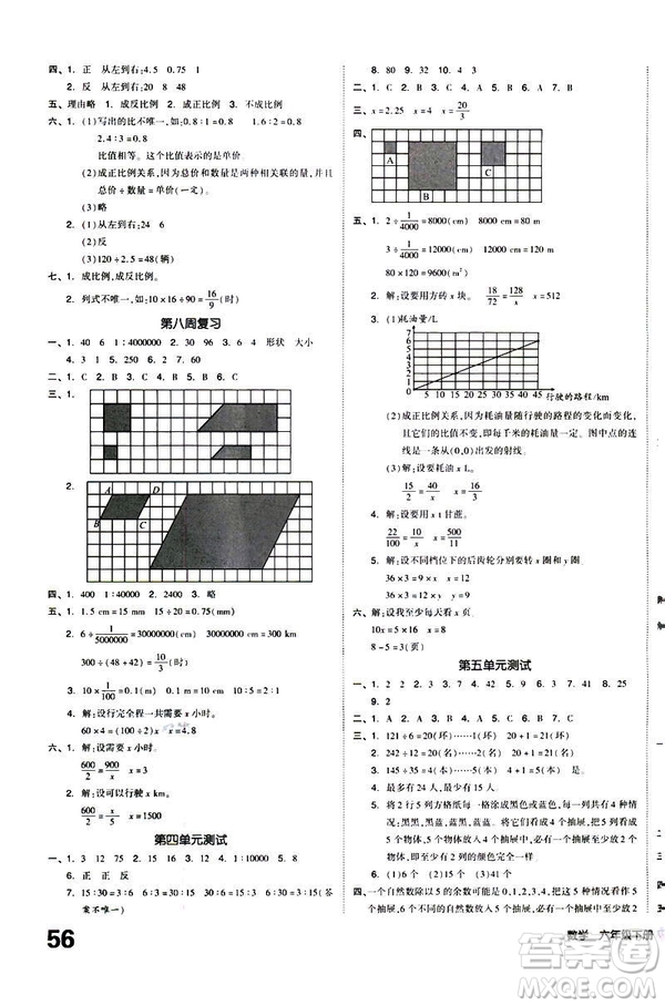 全品小復(fù)習(xí)2019春小學(xué)數(shù)學(xué)六年級下冊RJ人教版參考答案