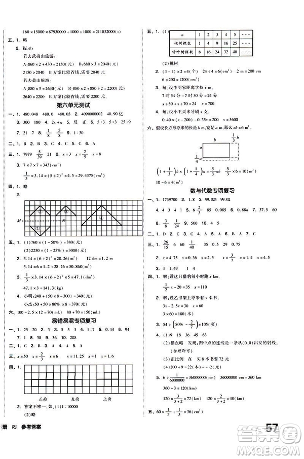 全品小復(fù)習(xí)2019春小學(xué)數(shù)學(xué)六年級下冊RJ人教版參考答案