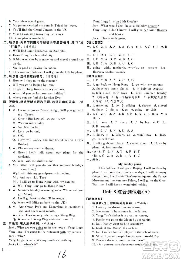 2019春亮點給力大試卷英語六年級下冊新課標(biāo)江蘇版參考答案