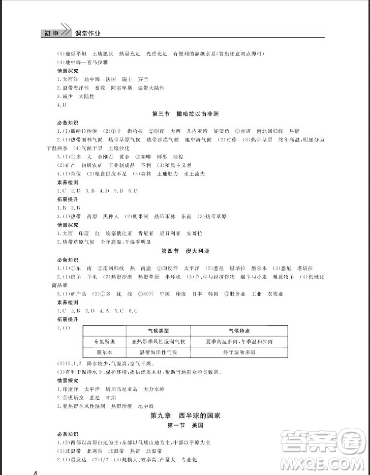 武漢出版社2019智慧學(xué)習(xí)課堂作業(yè)七年級(jí)下冊(cè)地理人教版答案