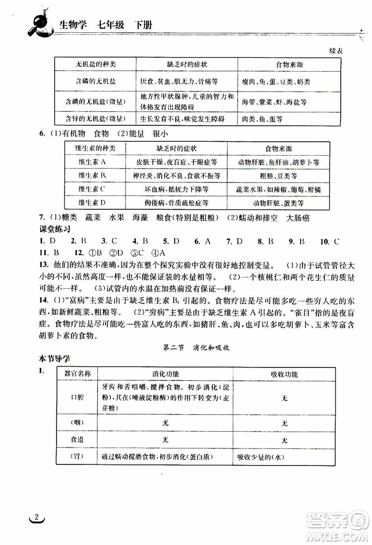 2019長江作業(yè)本同步練習(xí)冊生物學(xué)七年級下冊人教版參考答案