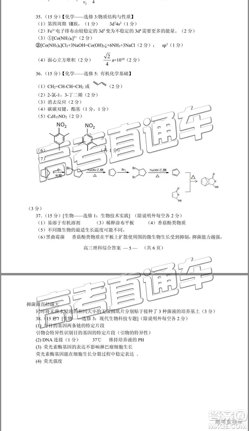 2019年2月高三福州質檢理綜參考答案