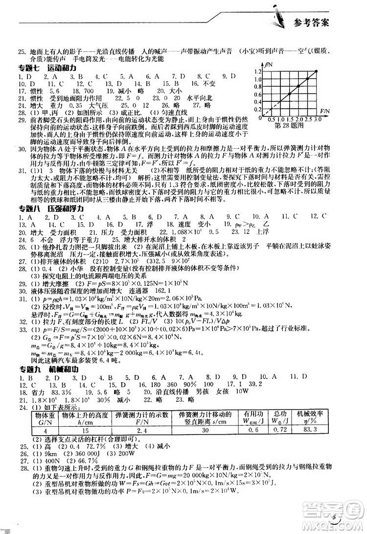 2019年長(zhǎng)江作業(yè)本九年級(jí)下冊(cè)物理人教版同步練習(xí)冊(cè)參考答案