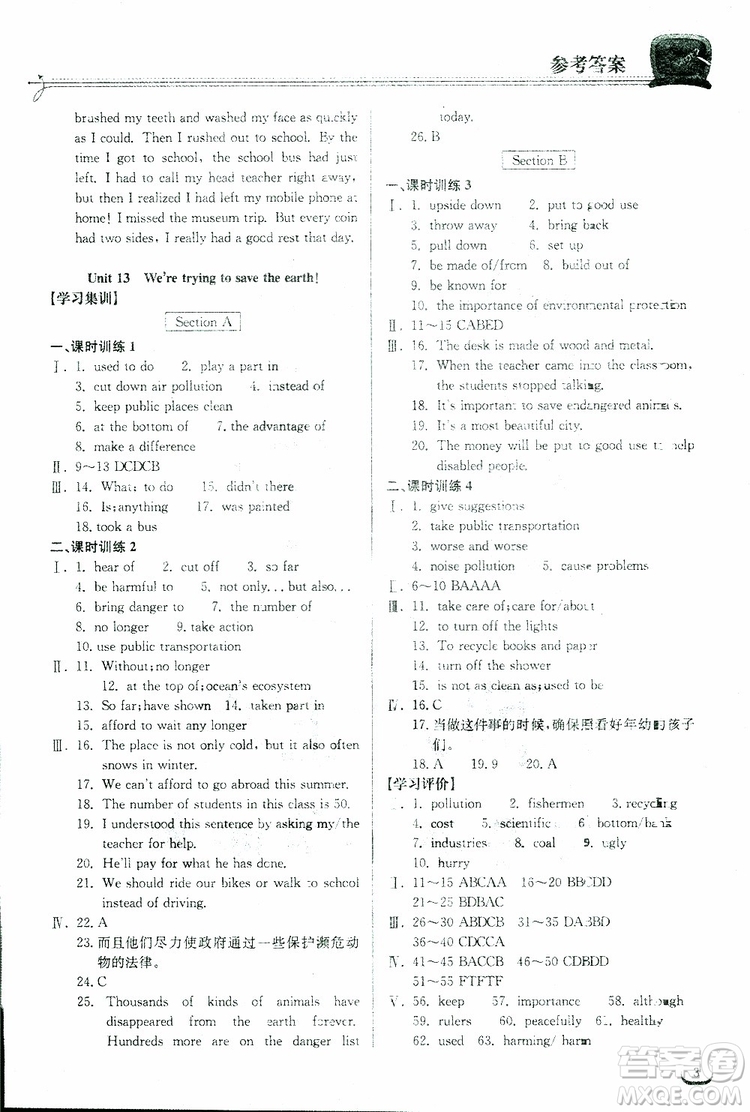 2019新版長(zhǎng)江作業(yè)本同步練習(xí)冊(cè)九年級(jí)英語下冊(cè)人教版參考答案