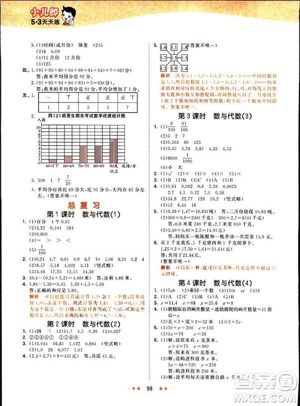 小兒郎2019春季53天天練四年級下冊數(shù)學(xué)北師大版參考答案