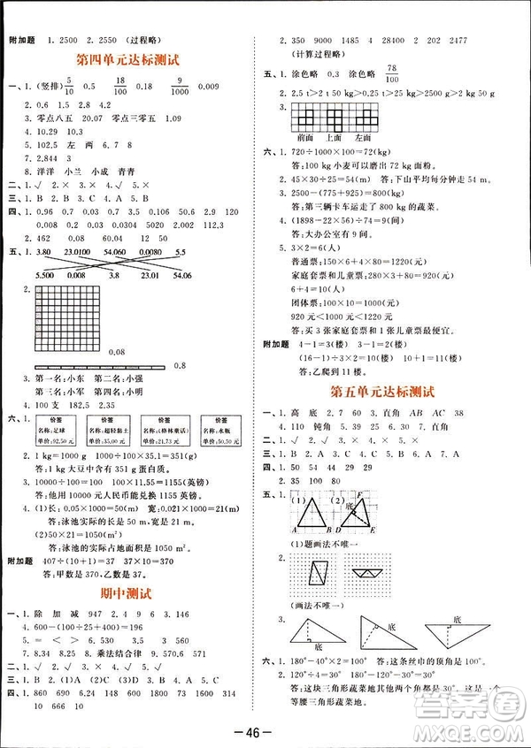 小兒郎2019春53天天練四年級(jí)下冊(cè)小學(xué)數(shù)學(xué)人教版參考答案