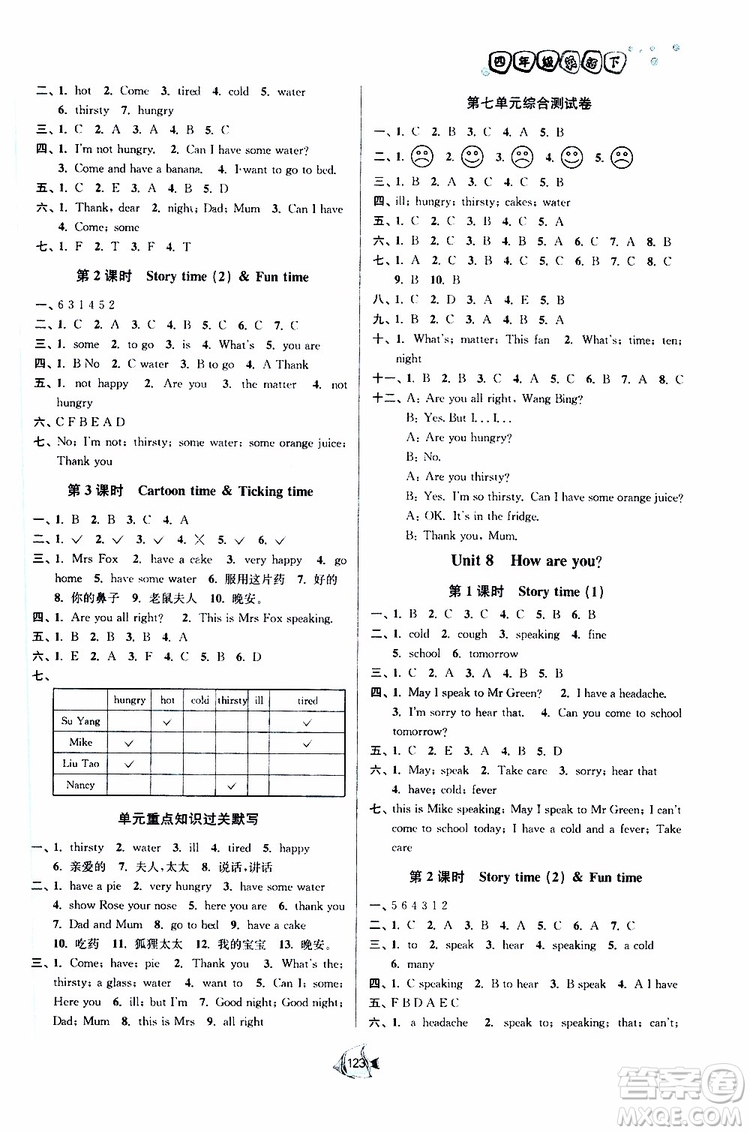 譯林版2019南通小題課時(shí)作業(yè)本四年級(jí)下冊(cè)英語(yǔ)參考答案